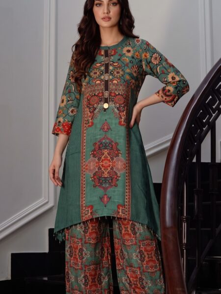 Green Red Printed Kurta Palazzo Set