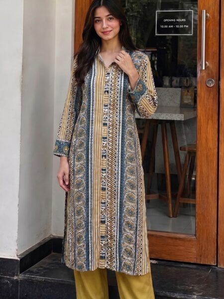 Grey Kurta Mustard Palazzo Set