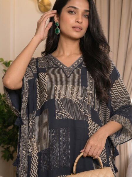 Grey Patchwork Print Kaftan