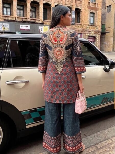 Grey Red Printed Kurta Palazzo Set