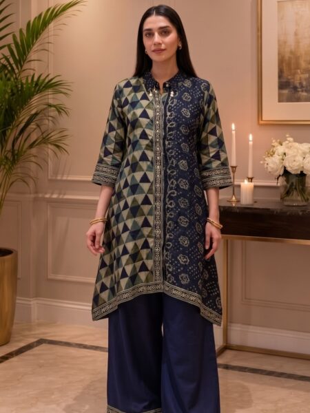Navy Printed Kurta Palazzo Set