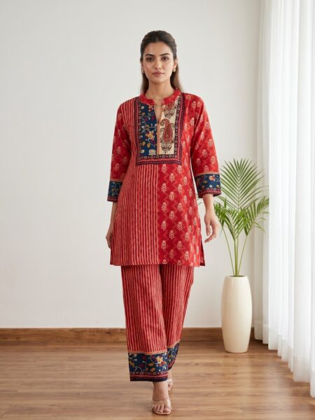 Red Printed Kurta Palazzo Set
