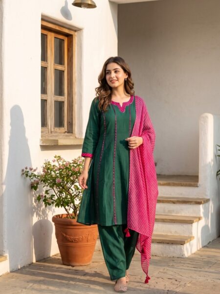 Green Kurta Set With Pink Dupatta