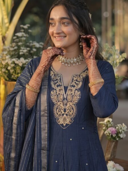 Navy Embroidered Kurta Set With Dupatta