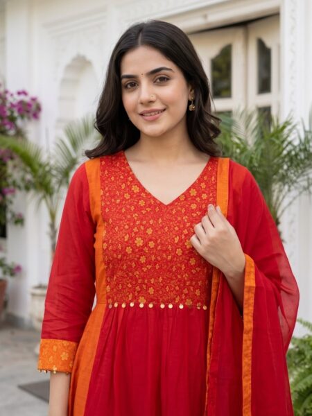 Red Kurta Set With Orange Dupatta