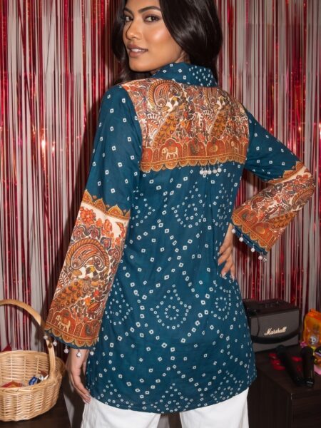 Teal Bandhani Rust Yoke Shirt
