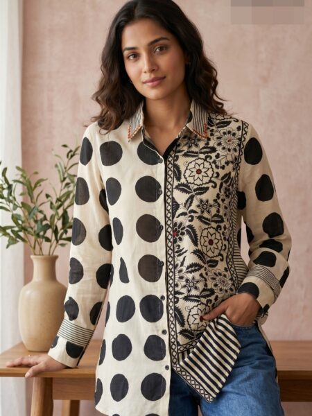 Cream Black Polka Print Shirt
