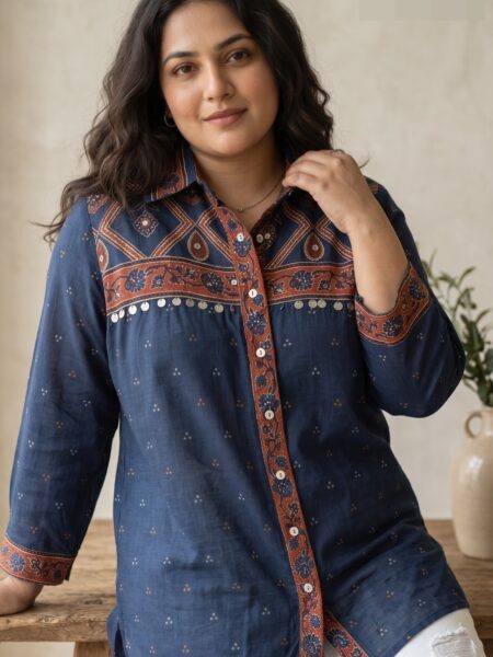 Navy Denim Rust Trim Shirt