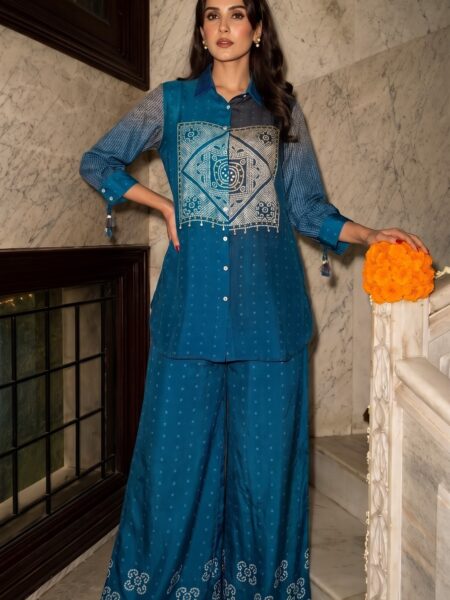 Teal Printed Kurta Palazzo Set