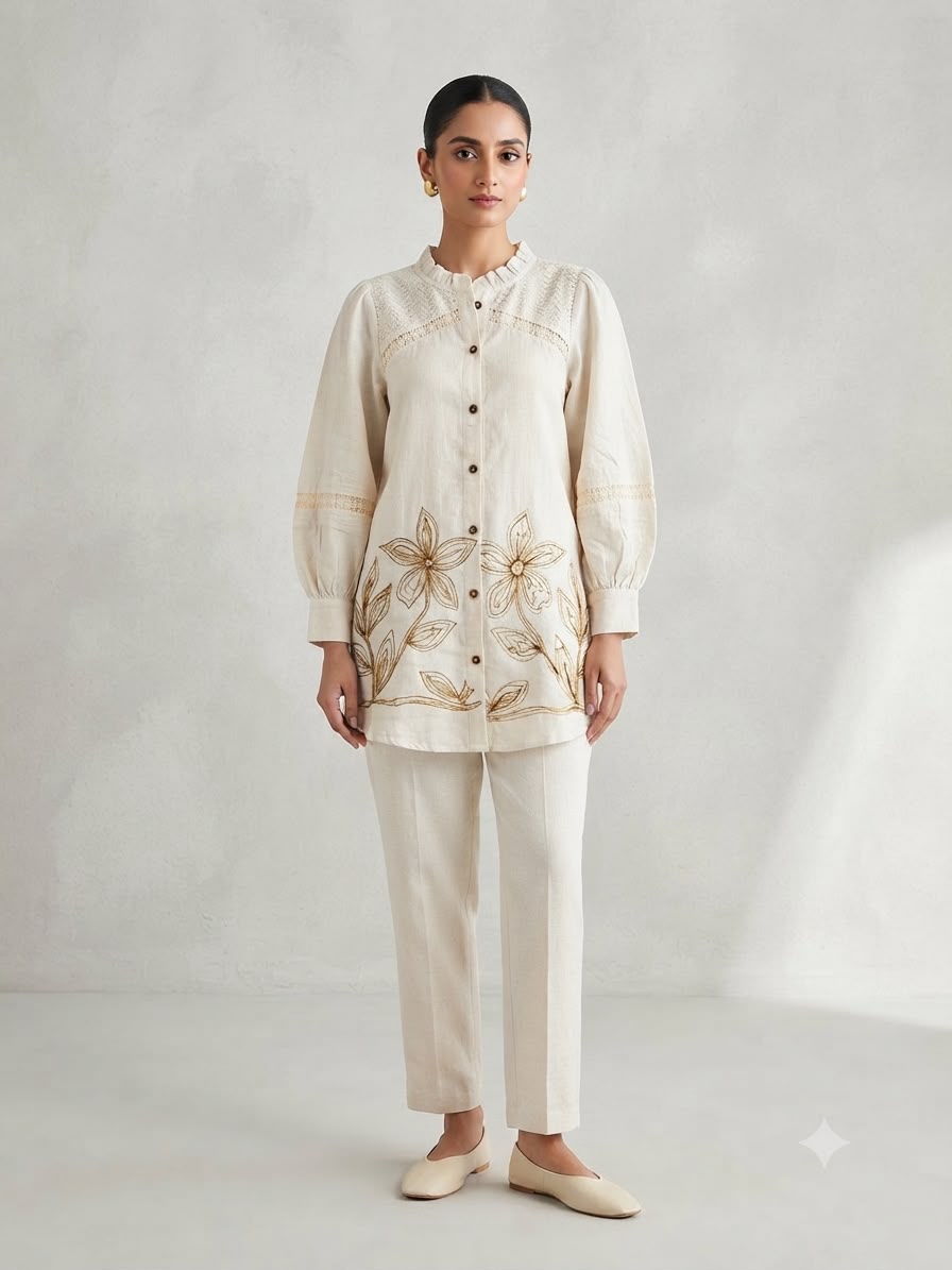 Ivory Linen Co-ord Set with Gold Floral Embroidery