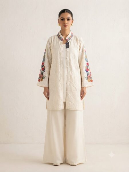 Ivory Chikankari Jacket Co-ord Set with Floral Sleeve Embroidery