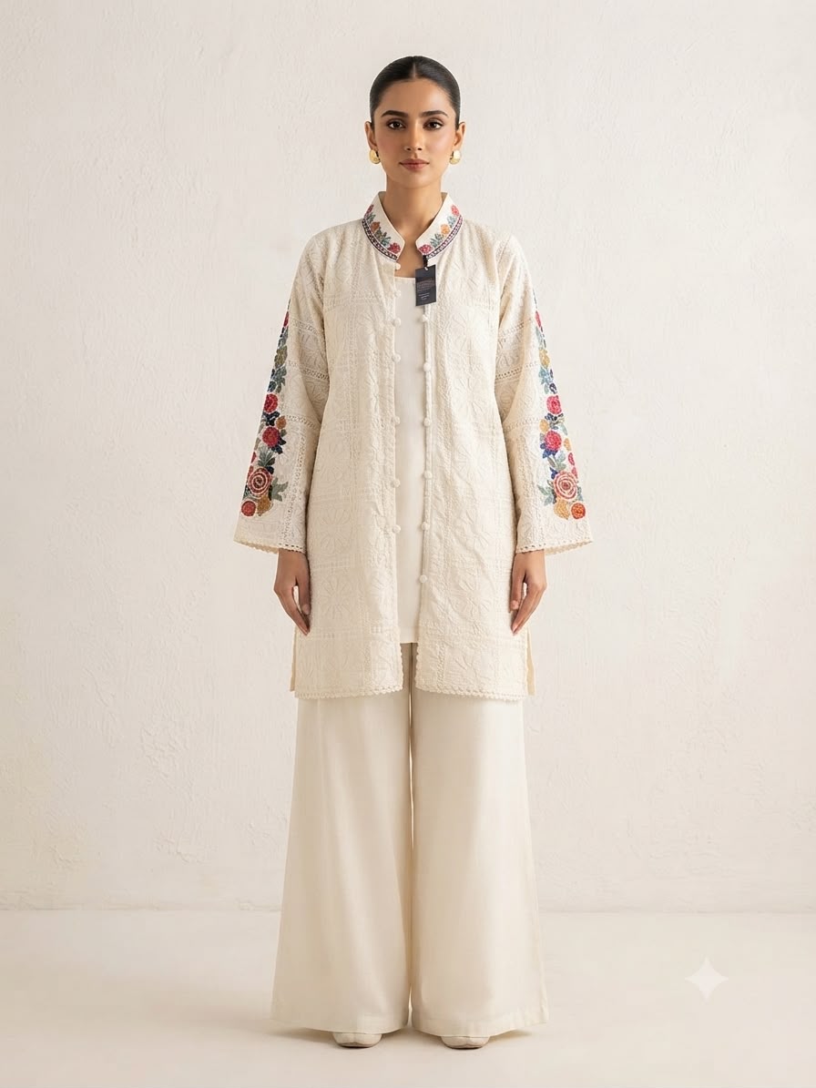 Ivory Chikankari Jacket Co-ord Set with Floral Sleeve Embroidery
