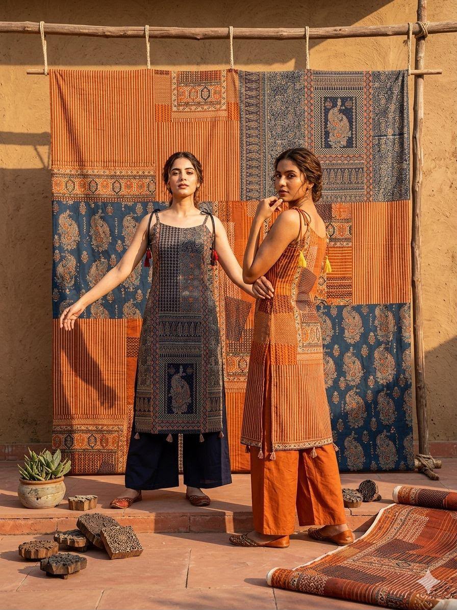 Olive Green Linen Tunic with Ikat Palazzo Co-ord Set - Image 2