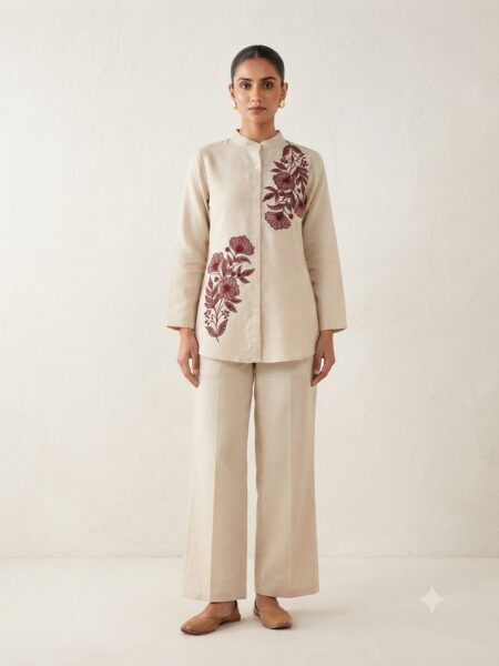 Beige Linen Co-ord Set with Maroon Floral Embroidery