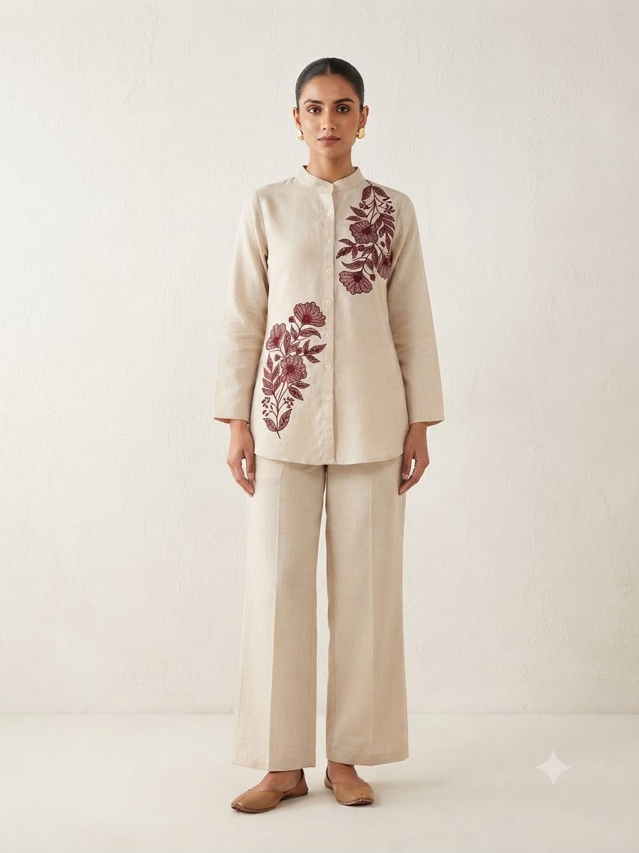Beige Linen Co-ord Set with Maroon Floral Embroidery