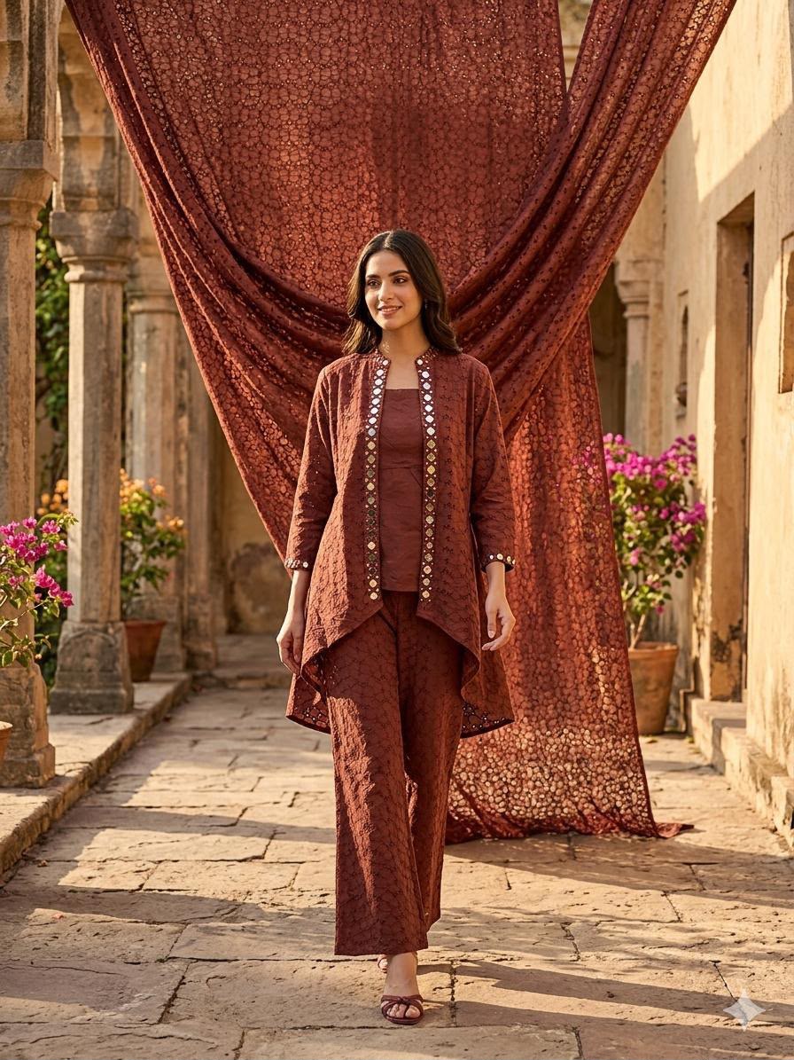 Beige Linen Co-ord Set with Maroon Floral Embroidery - Image 2
