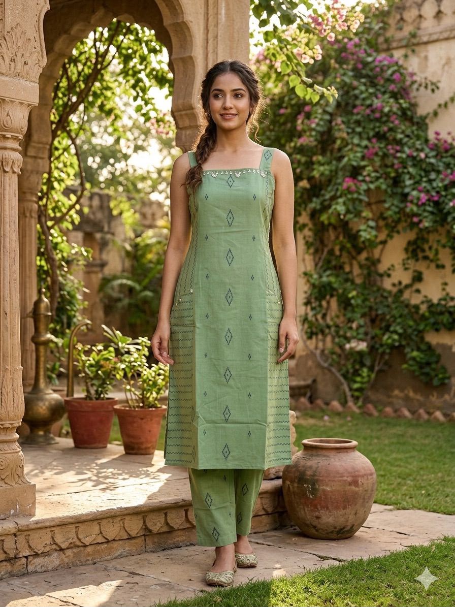 Sage Green Sleeveless Kurta Set with Mirror Work Neckline