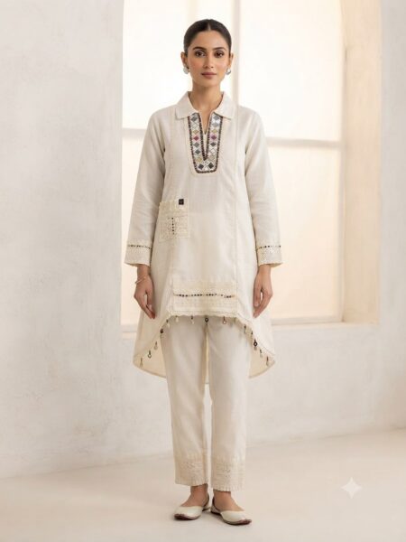 Ivory Mirror Work Kurta Set with High Low Hem