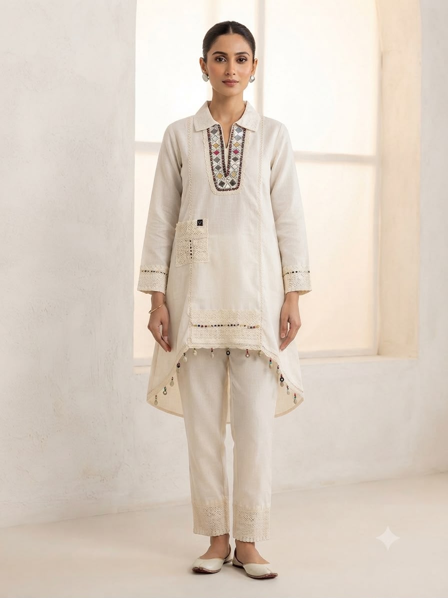 Ivory Mirror Work Kurta Set with High Low Hem