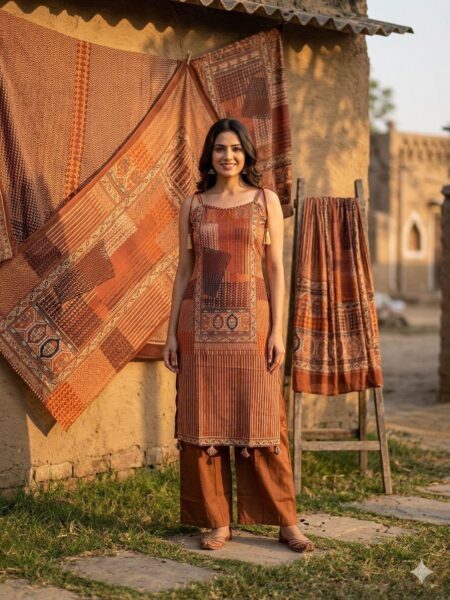 Rust Orange Ajrakh Print Kurta Set with Palazzo Pants