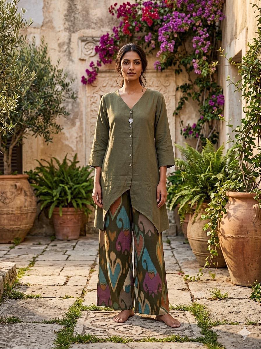 Olive Green Linen Tunic with Ikat Palazzo Co-ord Set