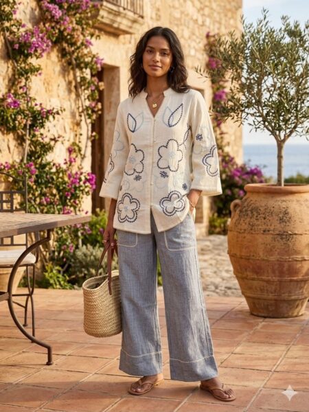 Charcoal Grey Linen Tunic with Ikat Palazzo Co-ord Set