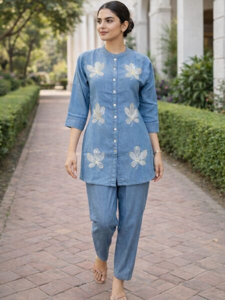 Blue Chambray Co-ord Set with Gold Leaf Embroidery