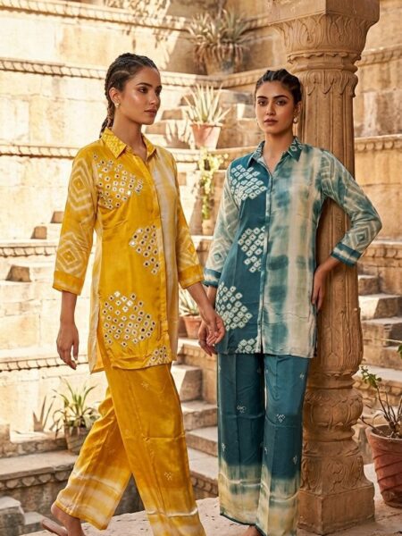 Rama Green Tie Dye Bandhani Co-ord Set with Mirror Work