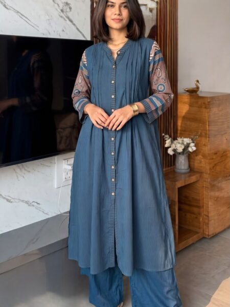 Ajarakh Print Muslin Kurta Pant Set for Women | Button Detailing (Copy)