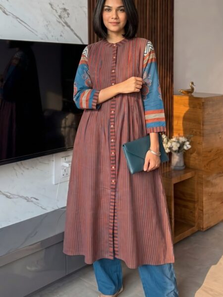 Ajarakh Print Muslin Kurta Pant Set for Women | Button Detailing